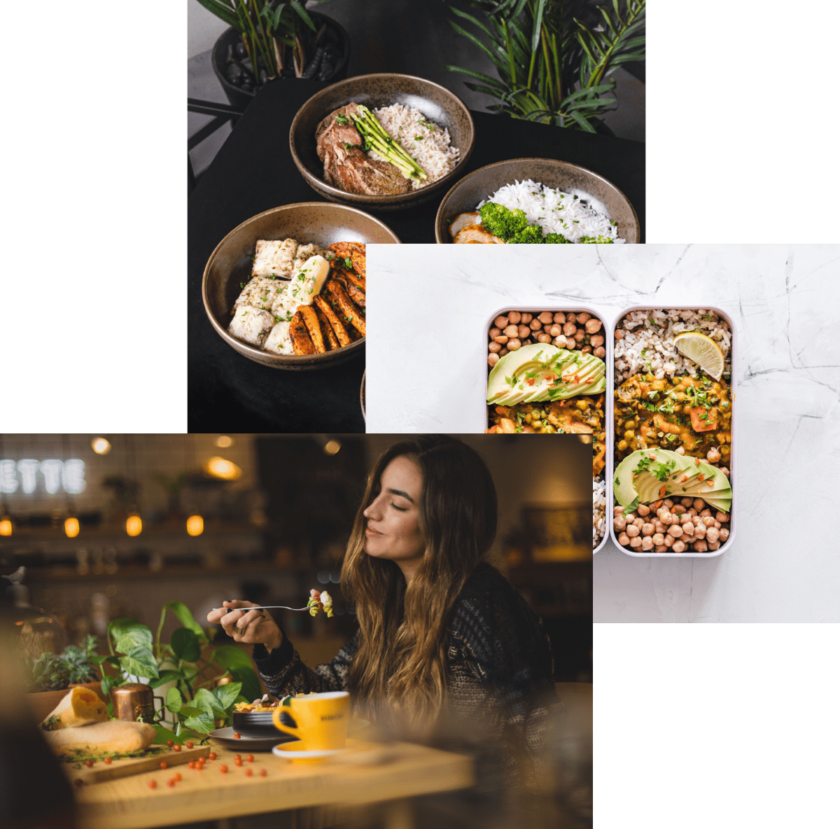 Woman enjoying food, meals in storage containers, and food bowls on a table